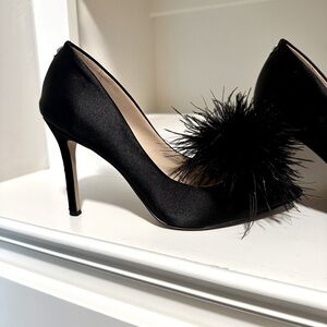 Sam Edelman Satin black heels with feather poof.